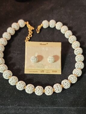 Monet White Filigree Bead Necklace with Gold Accents and Matching Studs